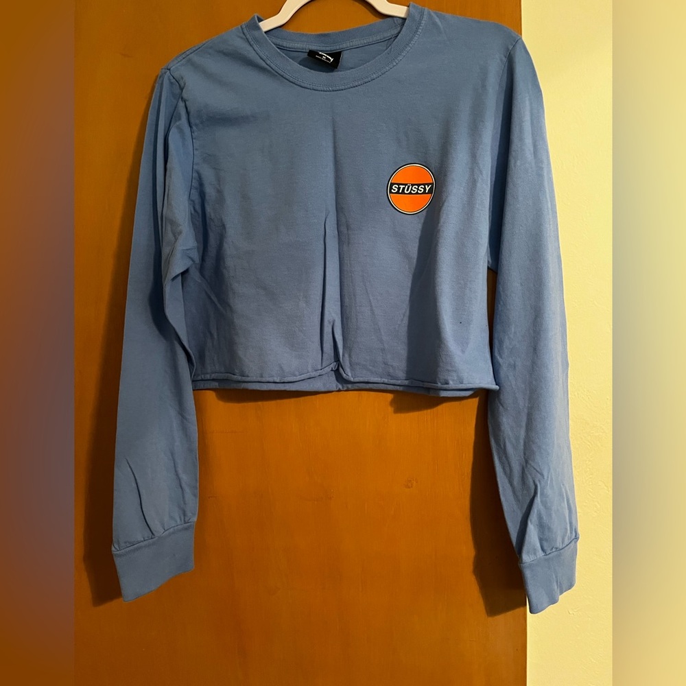 Blue and orange long-sleeve stussy tee shirt